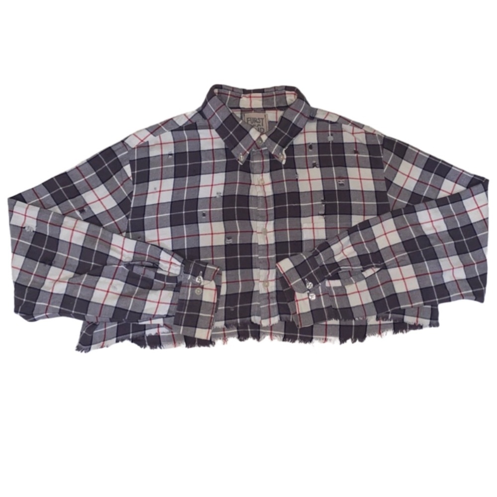 Red White and Blue Cropped Distressed Flannel Long Sleeve for LF FURST OF A KIND